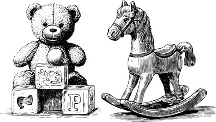 Vintage engraved illustration of teddy bear with blocks and rocking horse