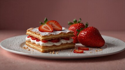Strawberry mille-feuille dessert on white plate, sweet pastry with cream on pink background
