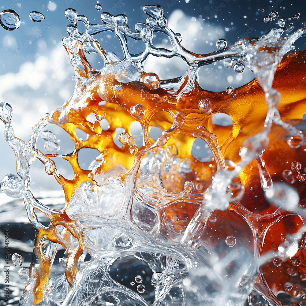 Poster a vibrant abstract depiction of water and an orange substance combining creating a dynamic explosion
