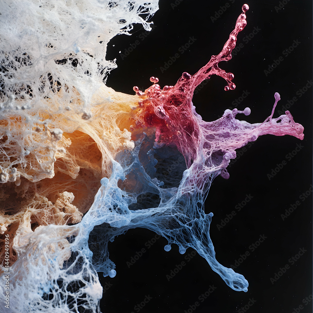 Poster abstract art with vibrant colors and a textured appearance. it evokes cellular structures or cosmic 