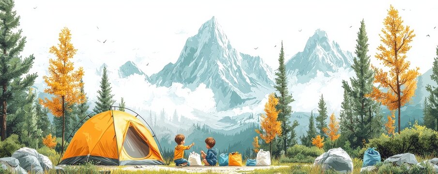Two children enjoying a camping trip with scenic mountain views