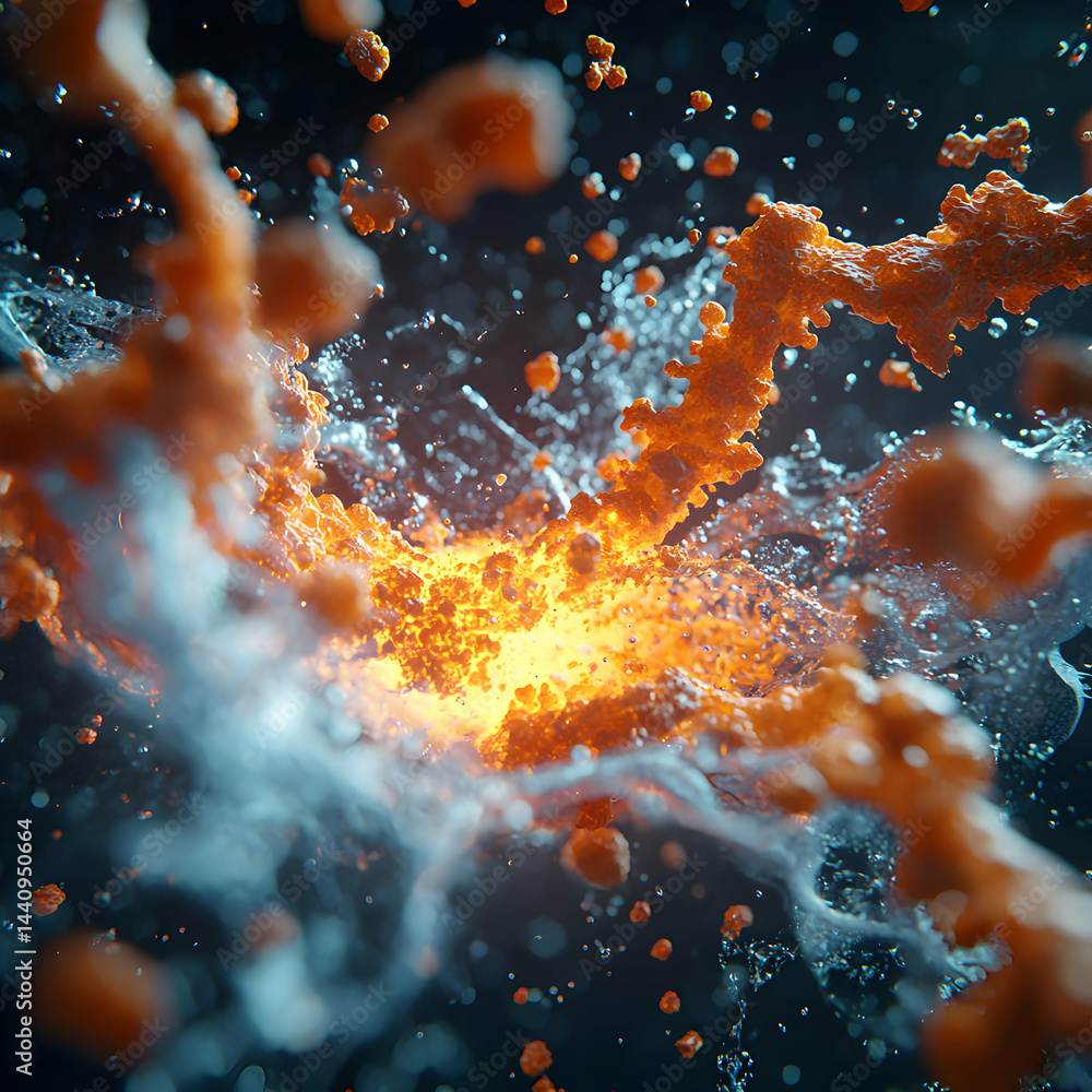 Poster an abstract image showcasing an explosion of fiery elements and liquid dynamics creating a stunning 