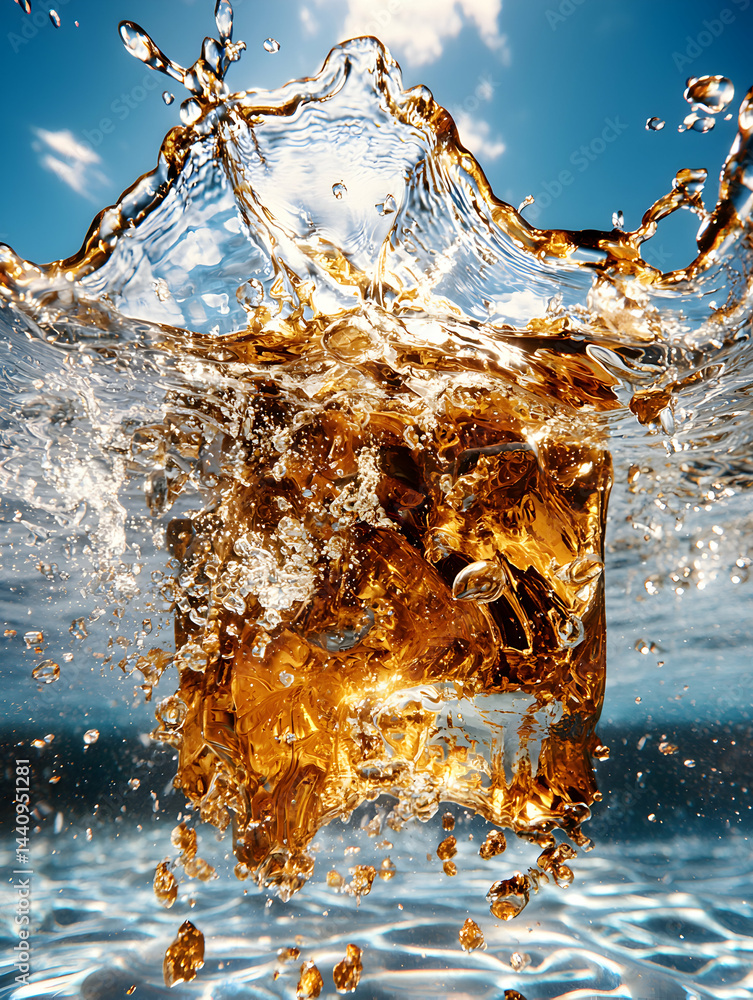 Poster an underwater shot of a drink splashing. the image captures the essence of refreshment. ideal for be