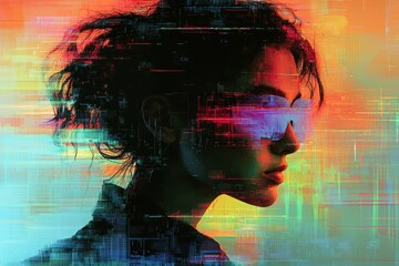Vibrant neon glitch art portrait with futuristic and cyberpunk aesthetics