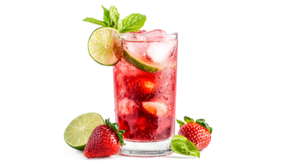 A glass of strawberry juice with a few strawberries on the side