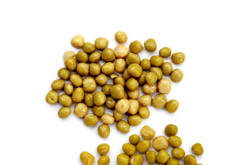 Canned green peas on white background.