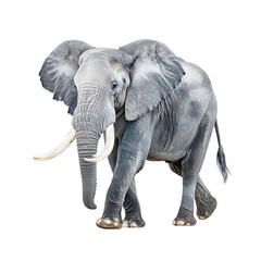 Obraz premium Majestic elephant strides forward with large tusks isolated on white background.