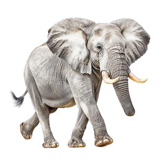 Obraz premium Majestic African elephant walks gracefully isolated on a plain white background.
