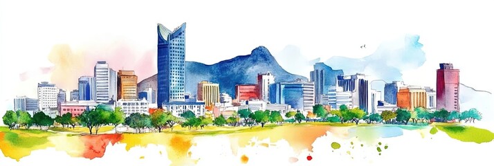 Fototapeta premium watercolor cape town south africa downtown skyline 
