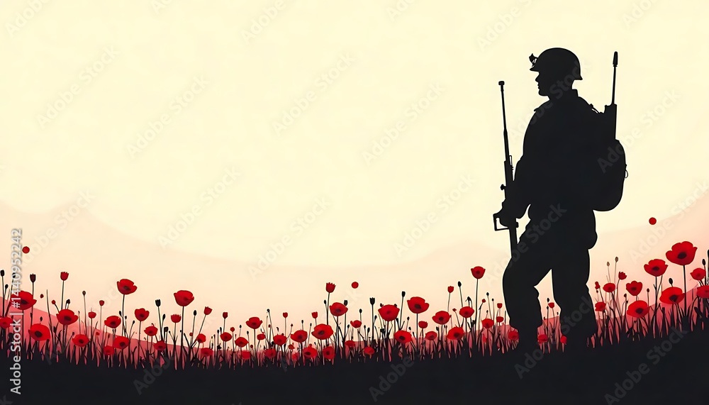 Poster vector silhouette of a soldier with red poppies for memorial day with background clean design with s