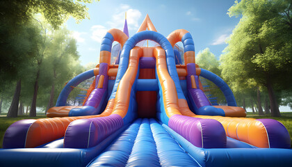 A large inflatable castle with pink, yellow, and blue colors