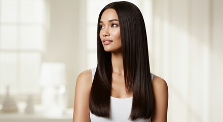 Naklejka premium Attractive young woman with long, straight, shiny black hair looking left on light, slightly blurred background. Hair care, hair beauty, hair health