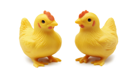 Two yellow plastic chickens are standing next to each other