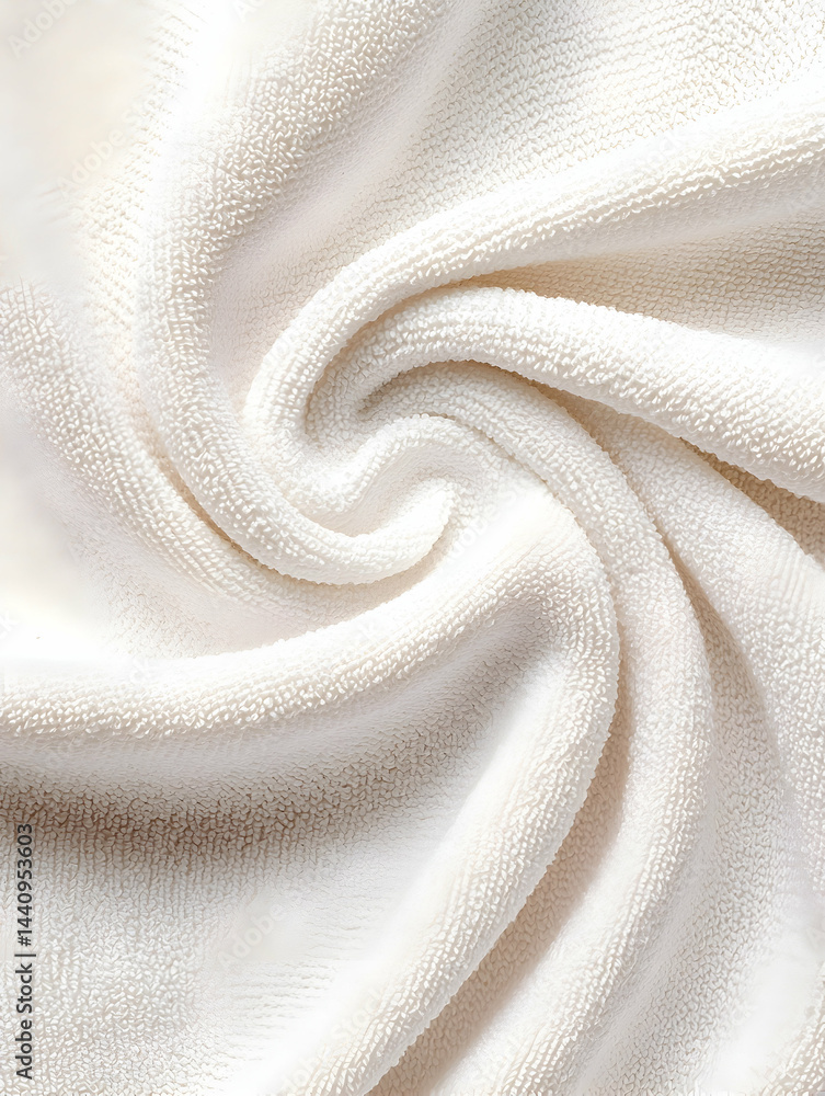 Poster a close-up shot of a soft white towel with a spiral pattern. it can be used as a background for prod