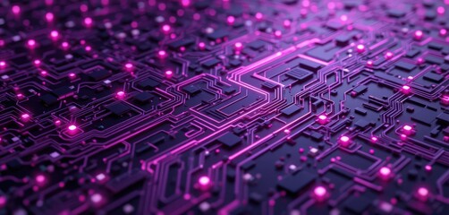 Obraz premium Glowing pink neon circuits on futuristic motherboard surface in dark environment.