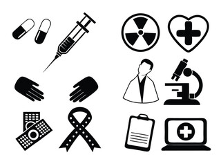 Healthcare and Medical Icons Set - Syringe, Pills, Doctor, Microscope, First Aid Symbols Vector