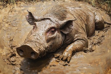 Warthog enjoys a mud bath in the African savannah during a hot day, A warthog takes a mud bath in the savannah