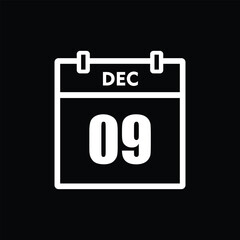 calender icon, 09 december icon with black background