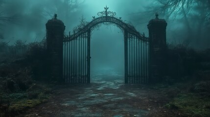 Mysterious Foggy Gateway with Gothic Arch and Overgrown Pathway Eerie Atmosphere for Halloween