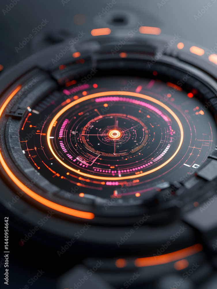 Poster futuristic digital interface with glowing orange and pink lines. suggests data visualization or a hi