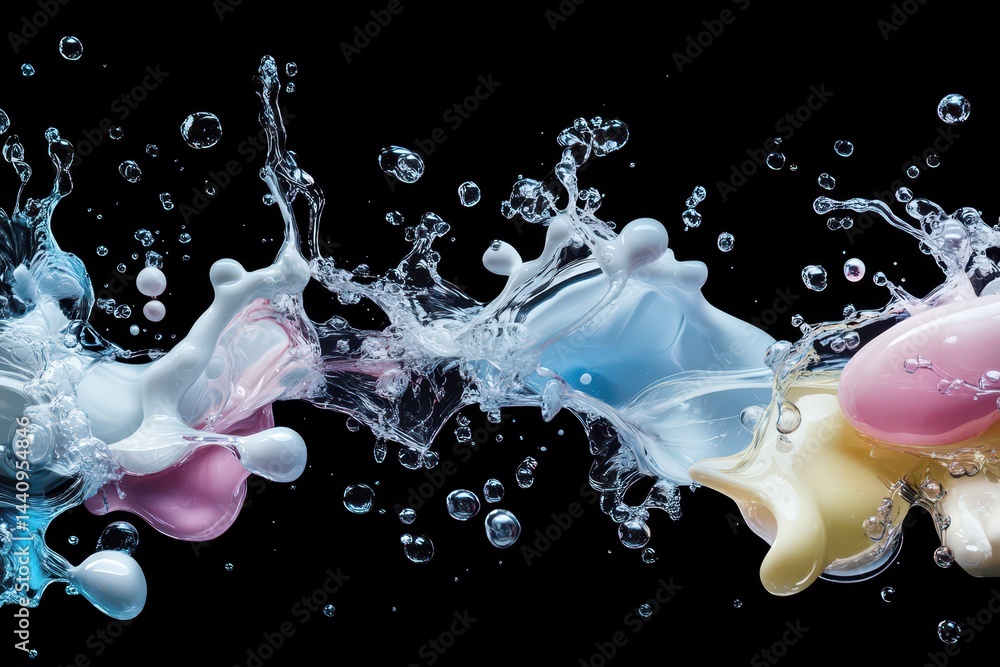 Poster liquid shapes collide in vibrant display against a dark backdrop, liquid shapes on black background