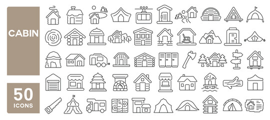 Set of 50 line icons related to cabin, hut, timber, wooden cabin, tent, chalet, rustic, stovepipe, cozy, cottage, Editable stroke. Vector illustration