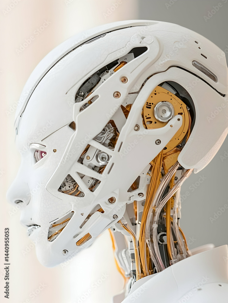 Poster futuristic robot head with intricate details a blend of technology and human form perfect for sci-fi
