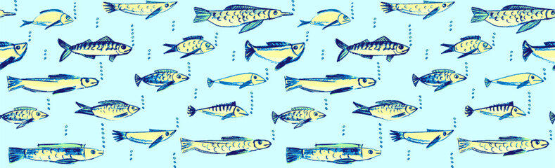 Crayon hand drawn seamless pattern with various fishes. Doodle shapes. Cute sea bg Marine kids school background. Chalk sketch elements on white background. Vector illustrations