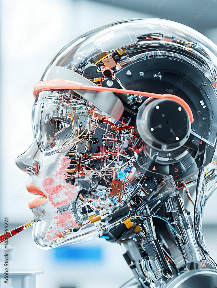 Poster futuristic transparent robot head displaying internal mechanics. suggests applications in medical re