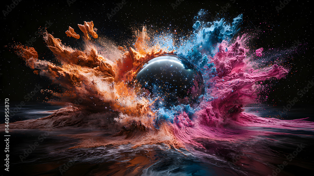 Poster abstract explosion of colors with a sphere at the center. great for digital art projects or creative