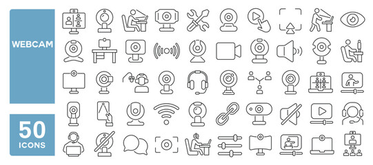 Set of 50 line icons related to webcam, camera, conference, live, optical, video chat, telework, online stream, computer camera, Editable stroke. Vector illustration