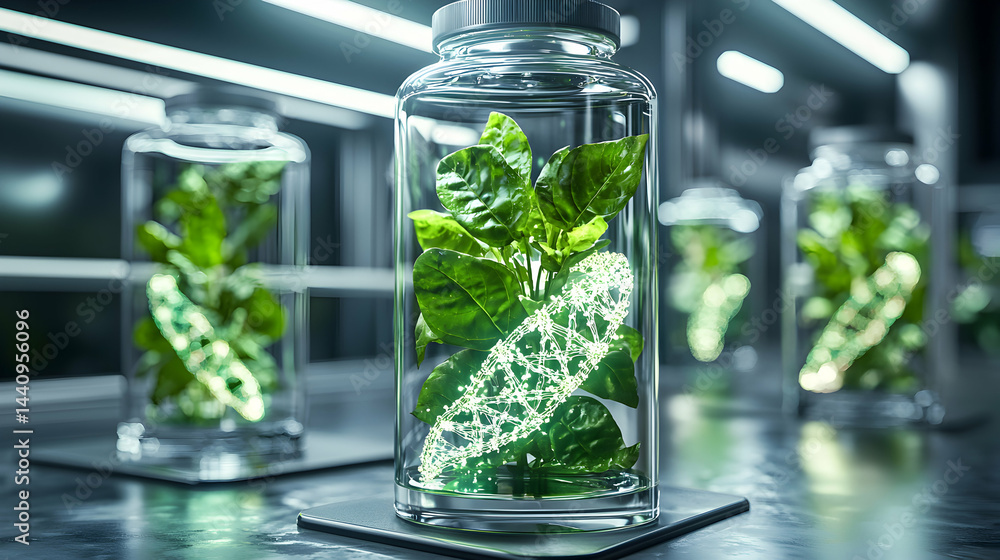 Poster futuristic lab setting with glowing plant structures inside glass containers. could be used in scien