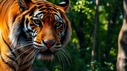 Tiger, Bengal tiger, Sumatran tiger, Siberian tiger, feline, predator, wildcat, mammal, carnivore, animal, wildlife, nature, orange, black, stripes, fur, face, eyes, whiskers, powerful, majestic,
