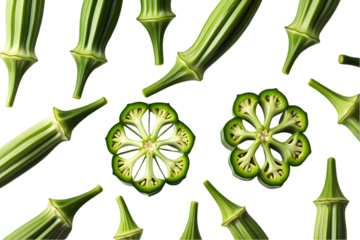 Fresh Green Okra Pods and Slices Isolated on White for Healthy Eating Concepts: Whole and Cut Okra Vegetable Imagery: Okra, Green, Pods, Slices, Isolated, White, Fresh, Healthy, Eating, Vegetable PNG.