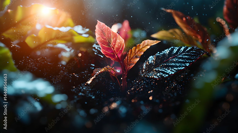 Poster close-up of vibrant leaves. the image captures light and texture creating a dynamic natural aestheti