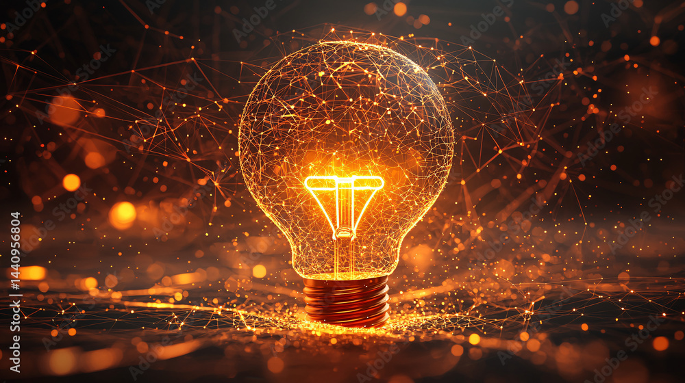 Aufkleber solution and answer process. illuminated light bulb with abstract connections and glowing effects.