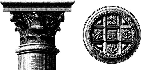 Engraved architectural elements: atrium column and ceiling ornamentation design