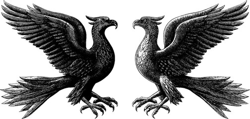Obraz premium Engraved illustration of majestic phoenix and firebird for mythological designs