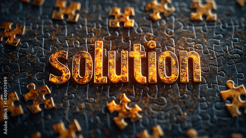 Poster solution and answer process. puzzle pieces forming the word 