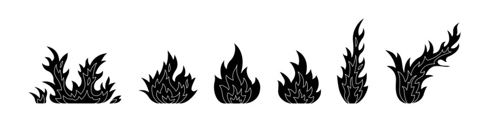 A collection of six stylized black flame illustrations with inner contour details, ideal for bold graphic and tattoo-inspired designs