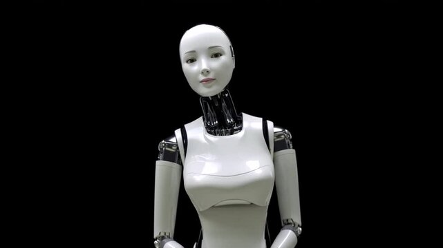 A humanoid robot talking to the camera The girl robots speak and move like humans on the black background 3d animation with alpha matte