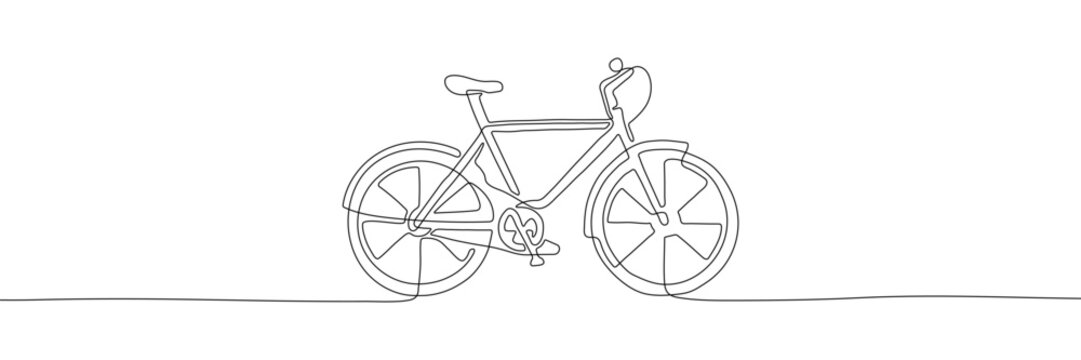 Single continuous line drawing of a bicycle in minimalist style, perfect for modern design, posters, and creative artwork. Editable stroke. Vector illustration
