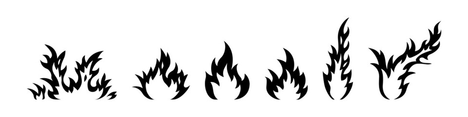 A collection of six black flame silhouette icons in different shapes, perfect for fire, energy, or danger-themed graphic designs