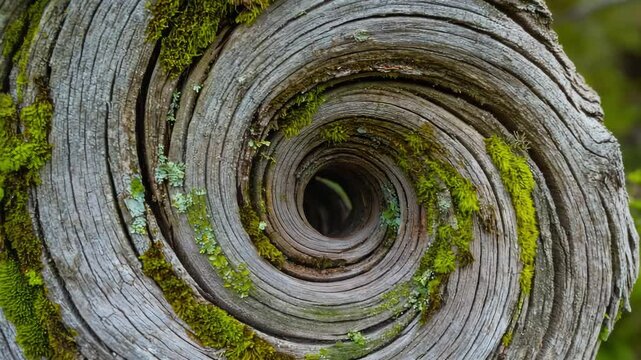 Zoom into spiral tree trunk with moss, abstract natural motion background for eco, meditative, and creative video projects