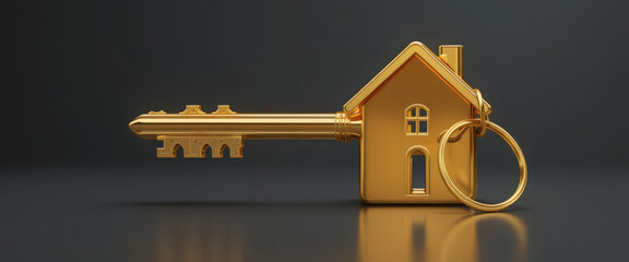 Golden house-shaped key with keyring on dark background.