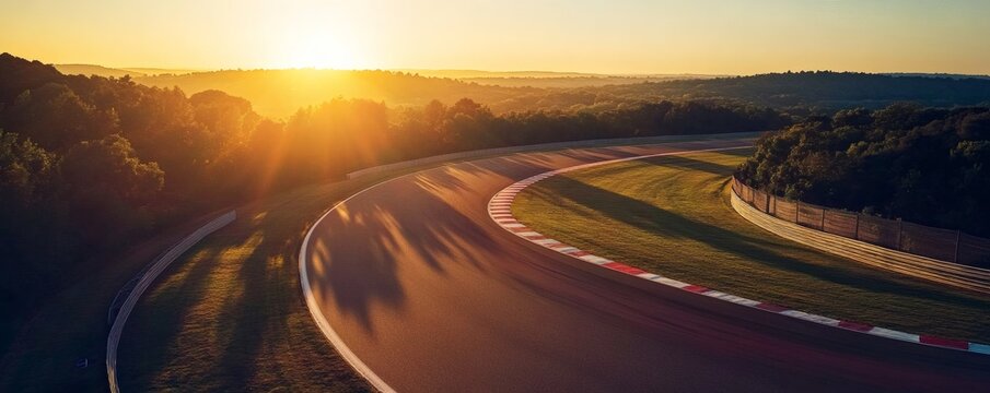 Winding race track at sunrise over rolling hills. - Powered by Adobe