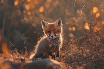 Naklejka premium Fox cub in warm sunset light among golden foliage showcasing youthful curiosity, Red fox Vulpes vulpes A fox cub in the sunset light Beautiful background Slow motion