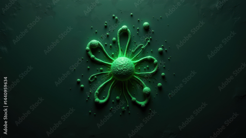 Poster 3d rendering of an atom with green nucleus surrounded by electrons on a dark background.