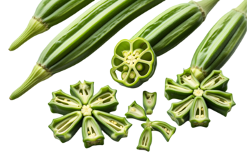 Fresh Green Okra Pods and Slices Isolated on White for Healthy Eating Concepts: Whole and Cut Okra Vegetable Imagery: Okra, Green, Pods, Slices, Isolated, White, Fresh, Healthy, Eating, Vegetable PNG.