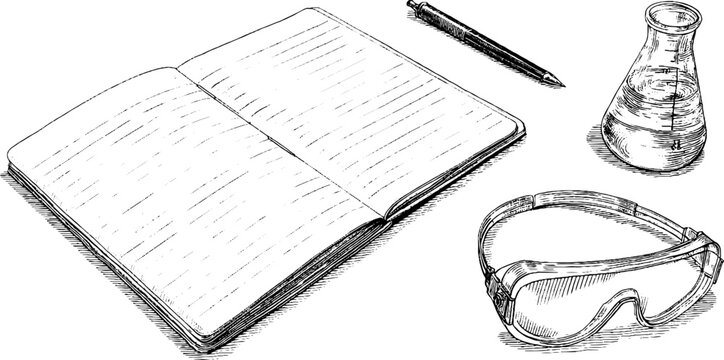 Scientific tools and safety equipment engraved illustration for laboratory setting